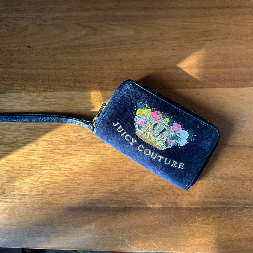 Juicy Couture Navy Wristlet with Floral Embroidery